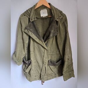 HEI HEI by Anthropologie Linen And Cotton Green Utility Jacket With Lace Details